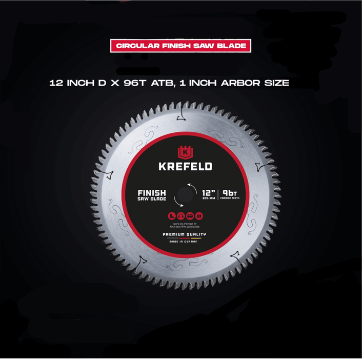 KREFELD Circular Finish Saw Blade - 12 Inch D x 96T ATB - 1 Inch / 25.4mm Arbor Size / Kerf 3mm