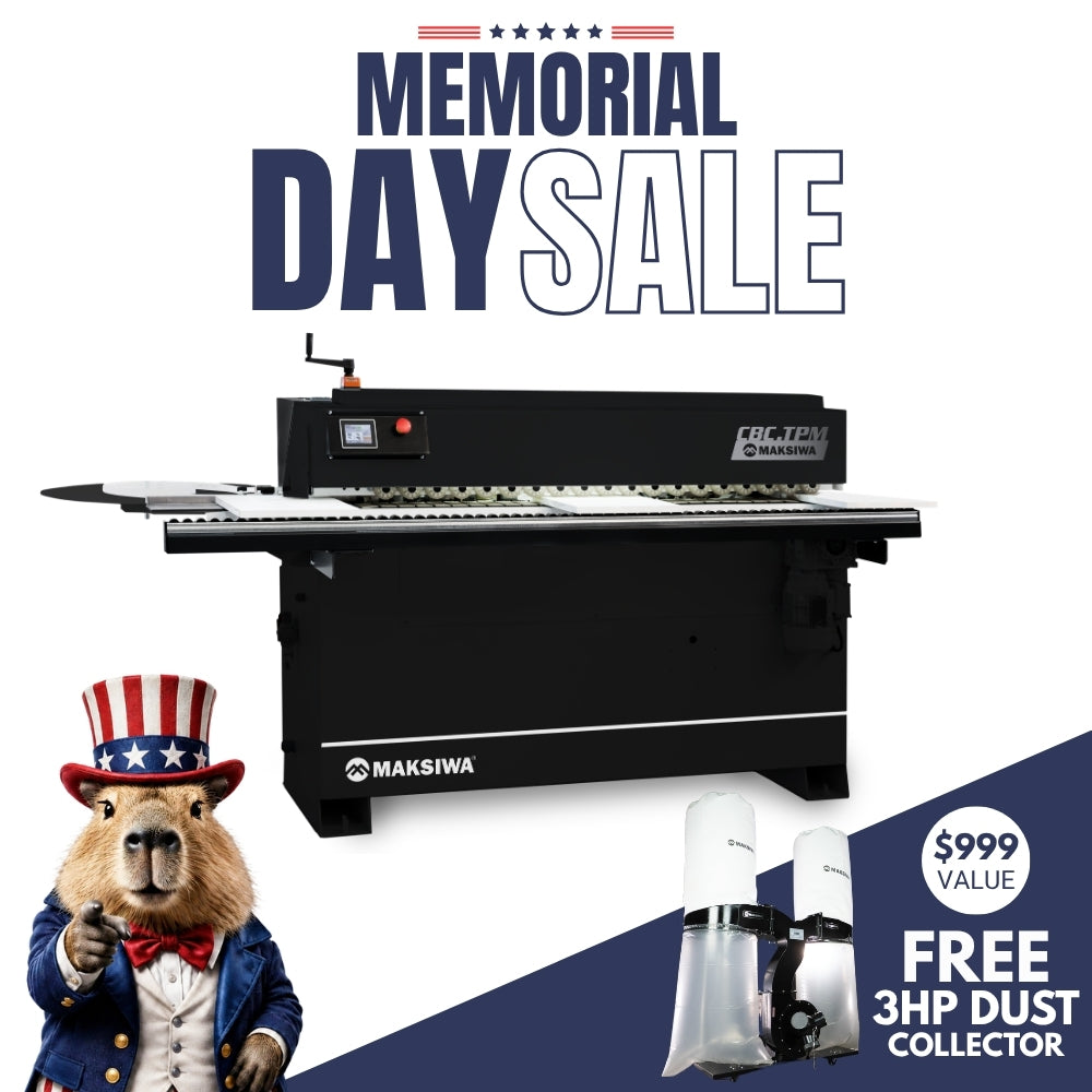 Memorial Day sale advertisement with a Maksiwa machine and free 3HP dust collector offer.
