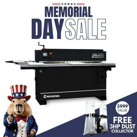 Memorial Day sale advertisement with a Maksiwa machine and free 3HP dust collector offer.