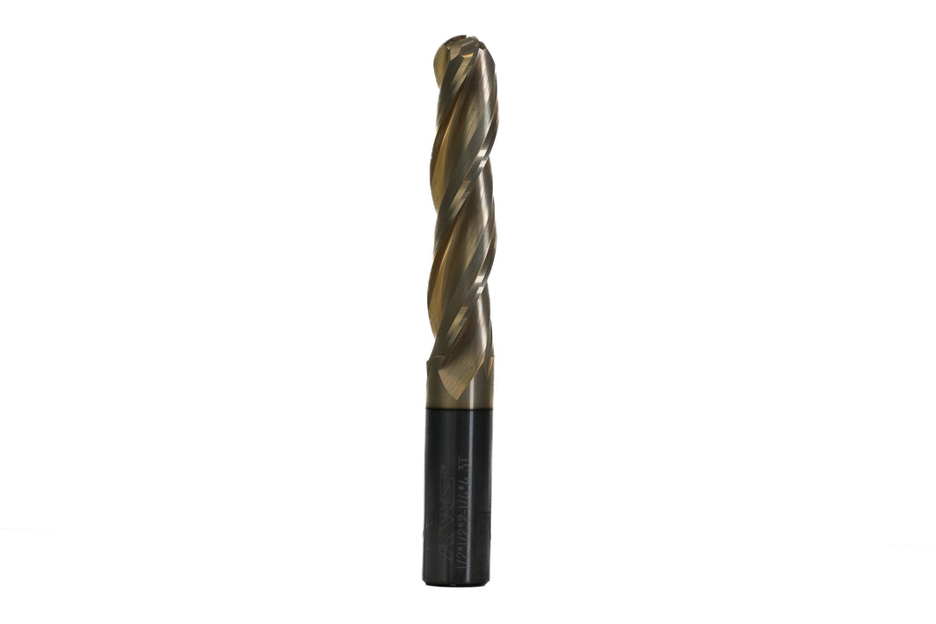 KWS - CNC 2D and 3D Carving 0.10 Deg Straight Angle Ball Nose x 1/2 D x 1/4 R x 2-1/4 CH x 1/2 SHK x 4 Inch Long x 3 Flute SC ZrN Coated Upcut Router Bit