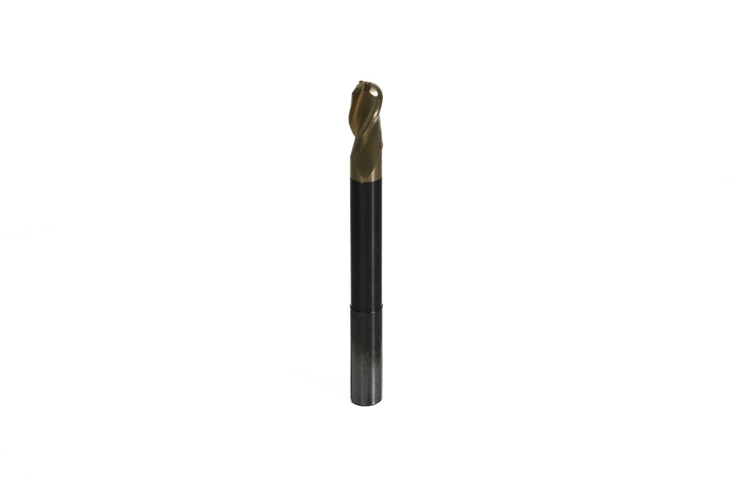 KWS - Extra Long CNC 2D and 3D Carving Tapered Ball Nose 0.10 Deg Angle x 3/8 Dia x 3/16 Radius x 3/4 Cut Height x 3/8 Shk x 4" Long x 3 Flute Solid Carbide ZrN Coated Reduced Shank Router Bit