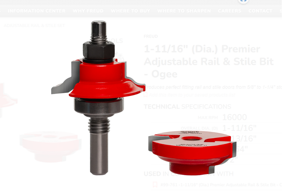 Freud - 1-11/16" (Dia.) Premier Adjustable Rail & Stile Bit - Ogee