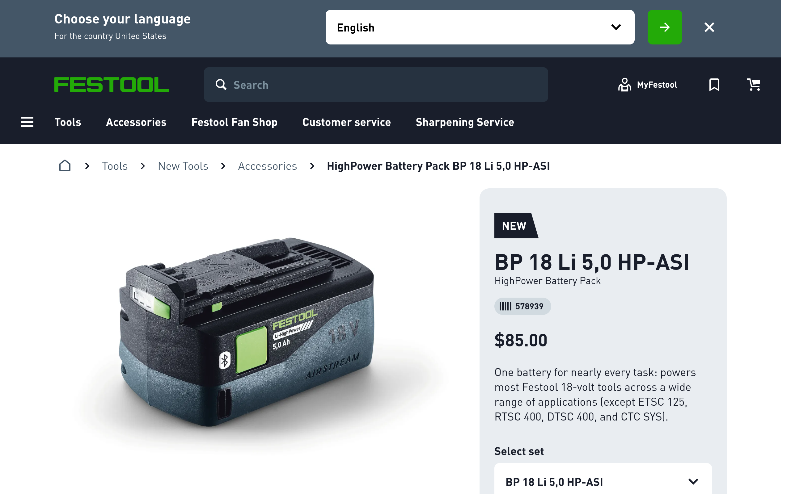 Festool BP 18 Li 5.0 HP-ASI HighPower Battery 578939