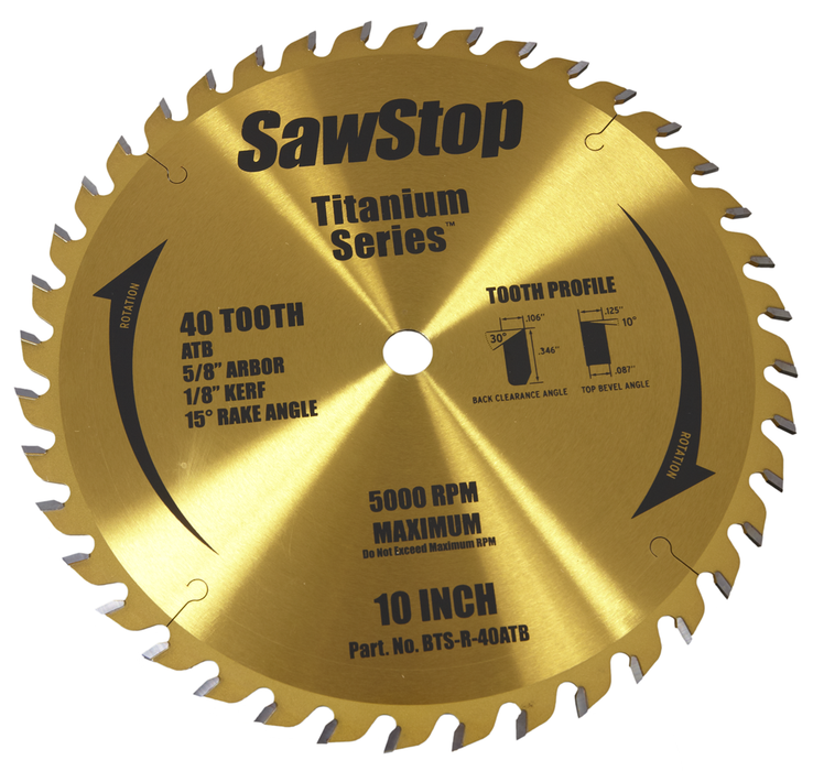 SawStop BTS-R-40ATB 40T Titanium Series Premium Saw Blade – 40 Tooth, ATB, Ripping Blade For Table Saws